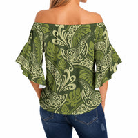 Olive Green Monstera Off Shoulder Wrap Waist Top Polynesian Tribal Pattern LT01 - Polynesian Pride