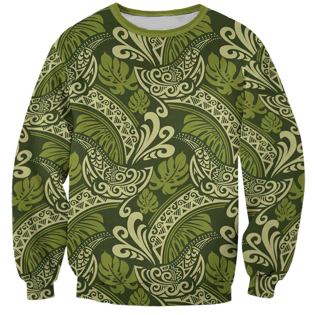 Olive Green Monstera Sweatshirt Polynesian Tribal Pattern LT01 Unisex Green - Polynesian Pride