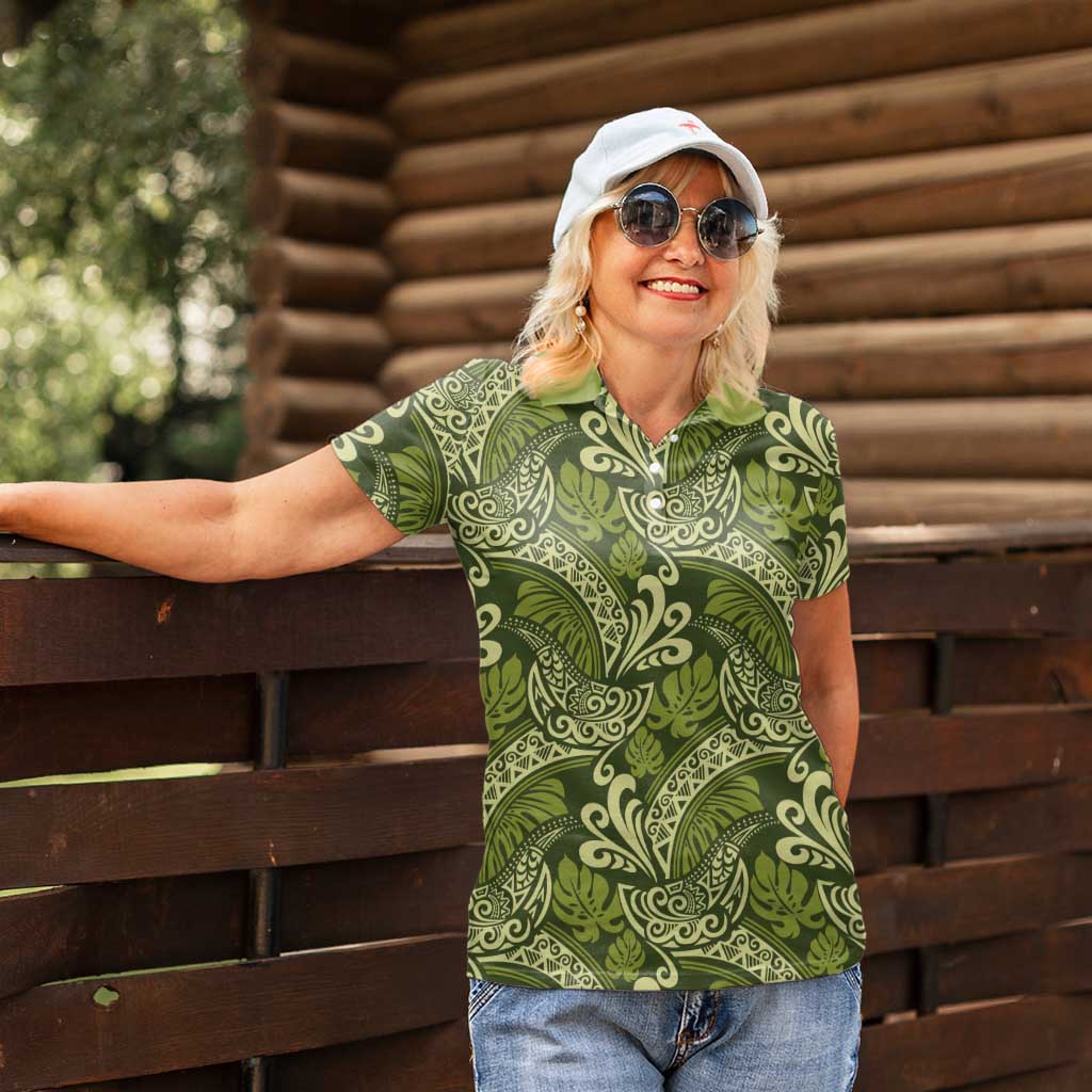 Olive Green Monstera Women Polo Shirt Polynesian Tribal Pattern - Polynesian Pride