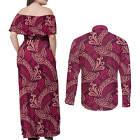 Sweet Pink Monstera Couples Matching Off Shoulder Maxi Dress and Long Sleeve Button Shirt Polynesian Tribal Pattern LT01 - Polynesian Pride
