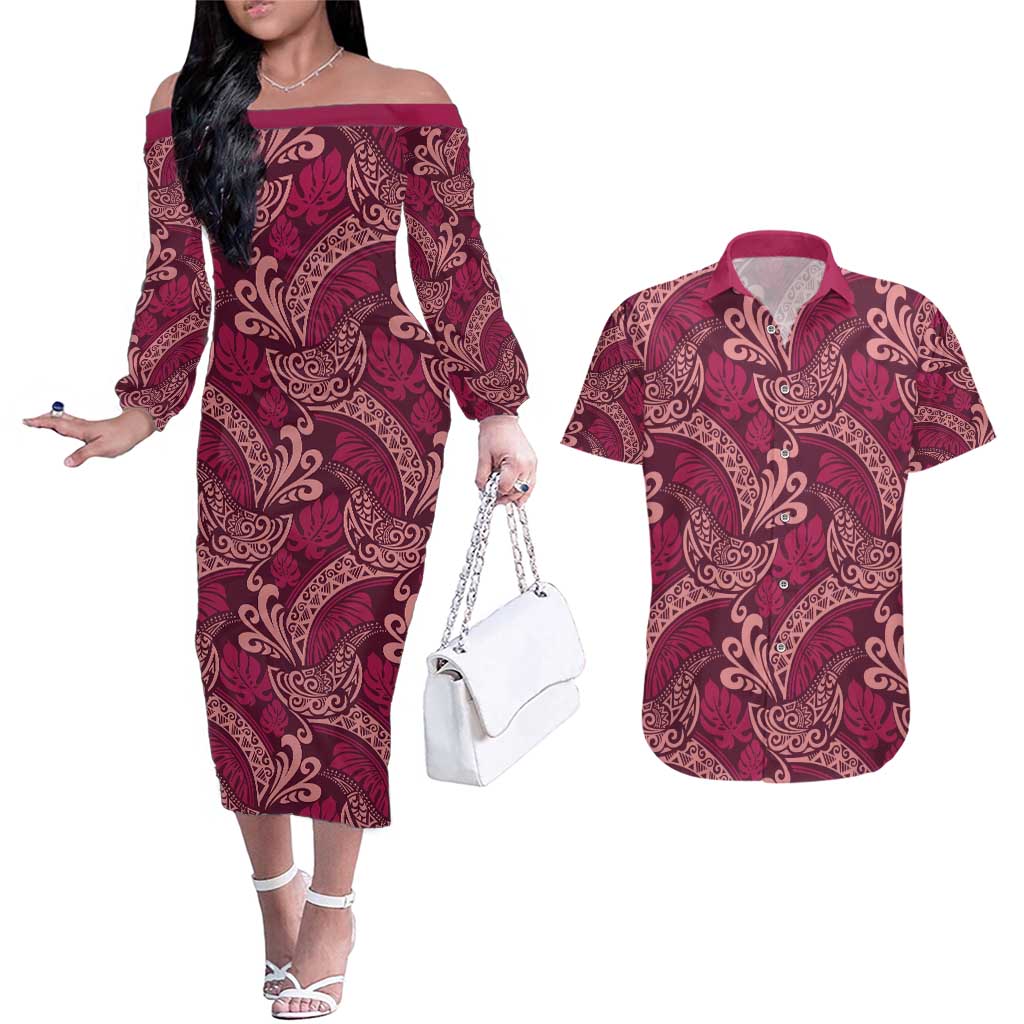 Sweet Pink Monstera Couples Matching Off The Shoulder Long Sleeve Dress and Hawaiian Shirt Polynesian Tribal Pattern LT01 Pink - Polynesian Pride