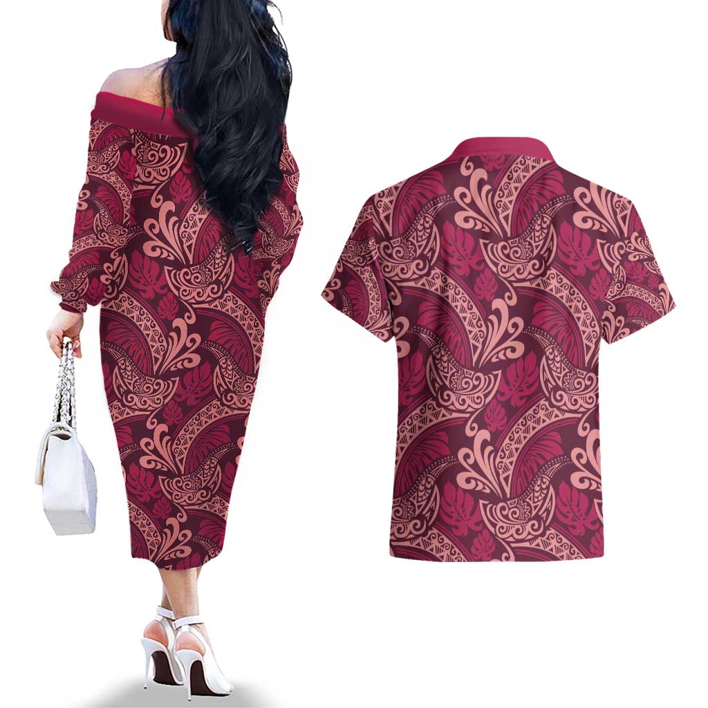 Sweet Pink Monstera Couples Matching Off The Shoulder Long Sleeve Dress and Hawaiian Shirt Polynesian Tribal Pattern LT01 - Polynesian Pride