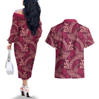 Sweet Pink Monstera Couples Matching Off The Shoulder Long Sleeve Dress and Hawaiian Shirt Polynesian Tribal Pattern LT01 - Polynesian Pride