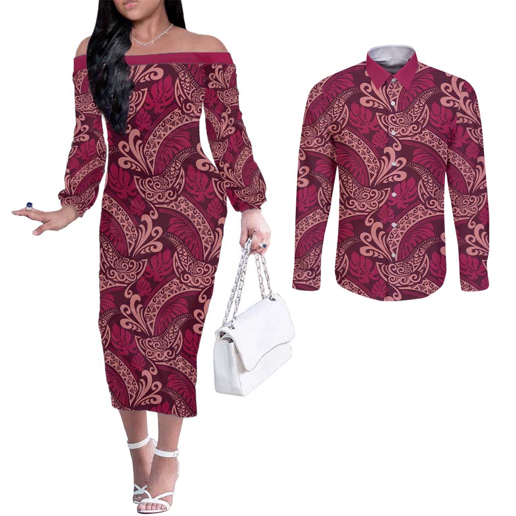 Sweet Pink Monstera Couples Matching Off The Shoulder Long Sleeve Dress and Long Sleeve Button Shirt Polynesian Tribal Pattern LT01 Pink - Polynesian Pride