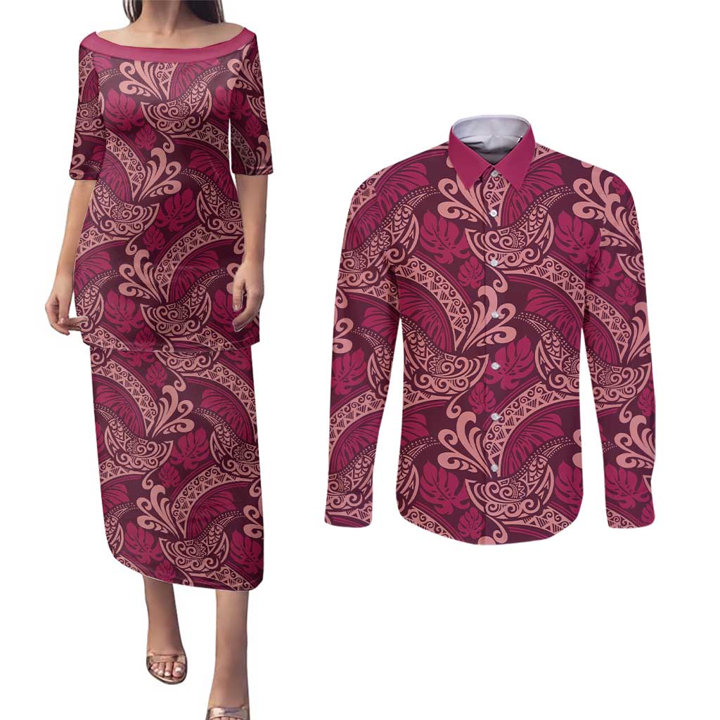 Sweet Pink Monstera Couples Matching Puletasi and Long Sleeve Button Shirt Polynesian Tribal Pattern LT01 Pink - Polynesian Pride