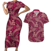 Sweet Pink Monstera Couples Matching Short Sleeve Bodycon Dress and Hawaiian Shirt Polynesian Tribal Pattern LT01 Pink - Polynesian Pride