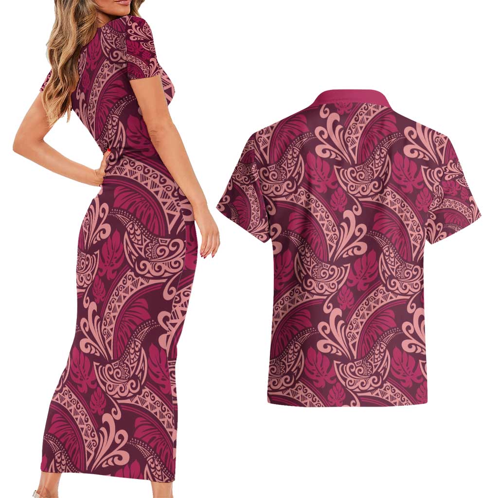 Sweet Pink Monstera Couples Matching Short Sleeve Bodycon Dress and Hawaiian Shirt Polynesian Tribal Pattern LT01 - Polynesian Pride