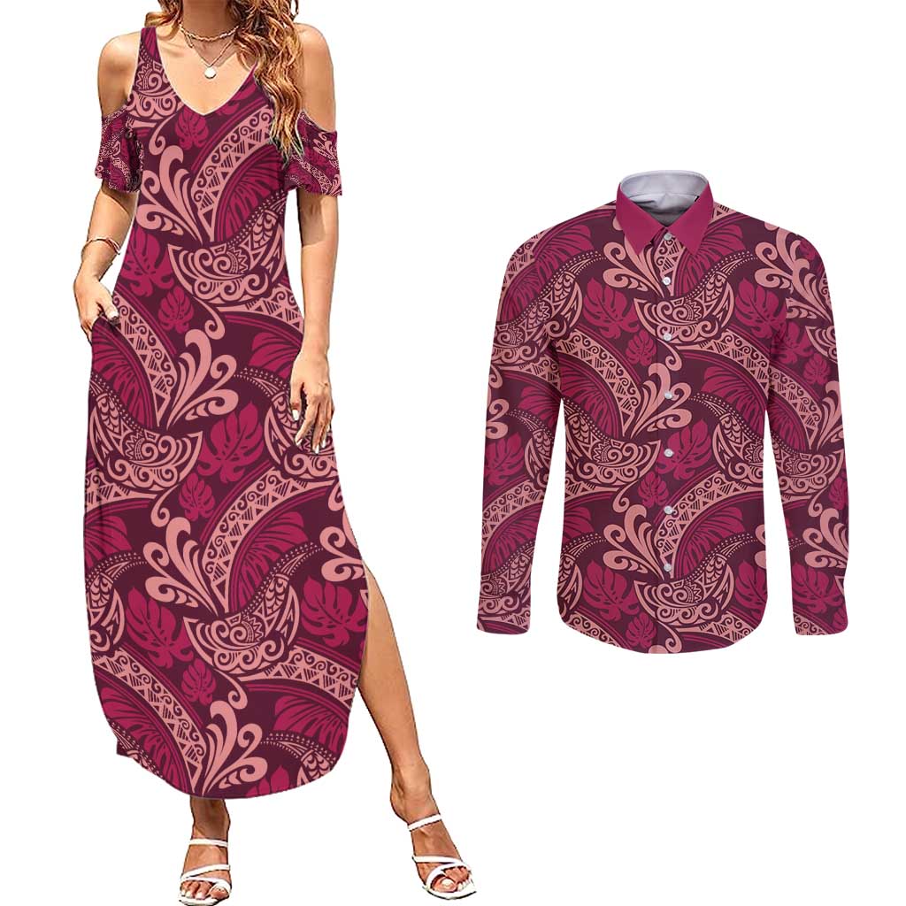 Sweet Pink Monstera Couples Matching Summer Maxi Dress and Long Sleeve Button Shirt Polynesian Tribal Pattern - Polynesian Pride