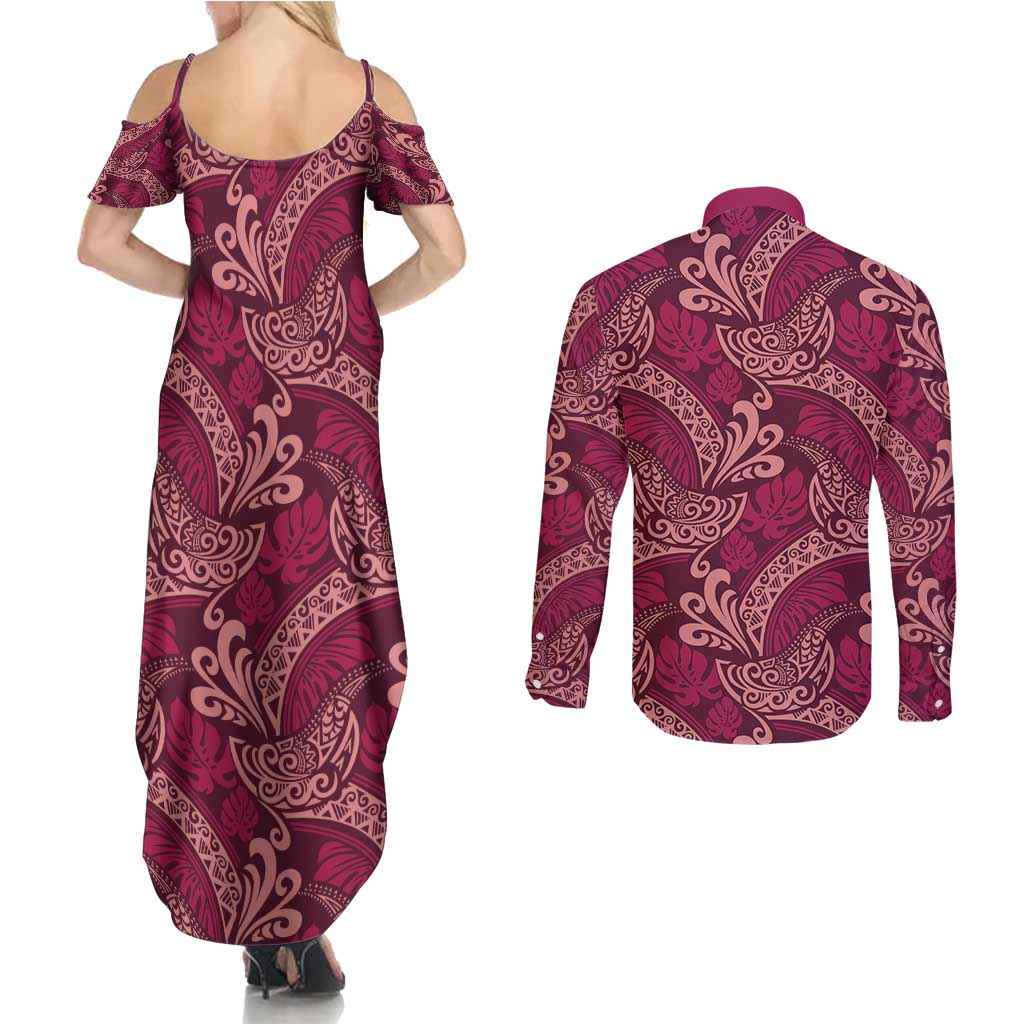 Sweet Pink Monstera Couples Matching Summer Maxi Dress and Long Sleeve Button Shirt Polynesian Tribal Pattern - Polynesian Pride