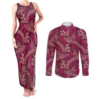 Sweet Pink Monstera Couples Matching Tank Maxi Dress and Long Sleeve Button Shirt Polynesian Tribal Pattern - Polynesian Pride