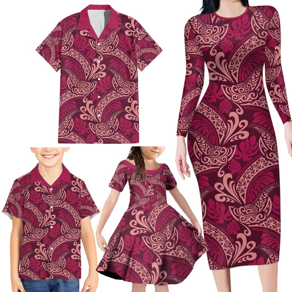 Sweet Pink Monstera Family Matching Long Sleeve Bodycon Dress and Hawaiian Shirt Polynesian Tribal Pattern LT01 - Polynesian Pride