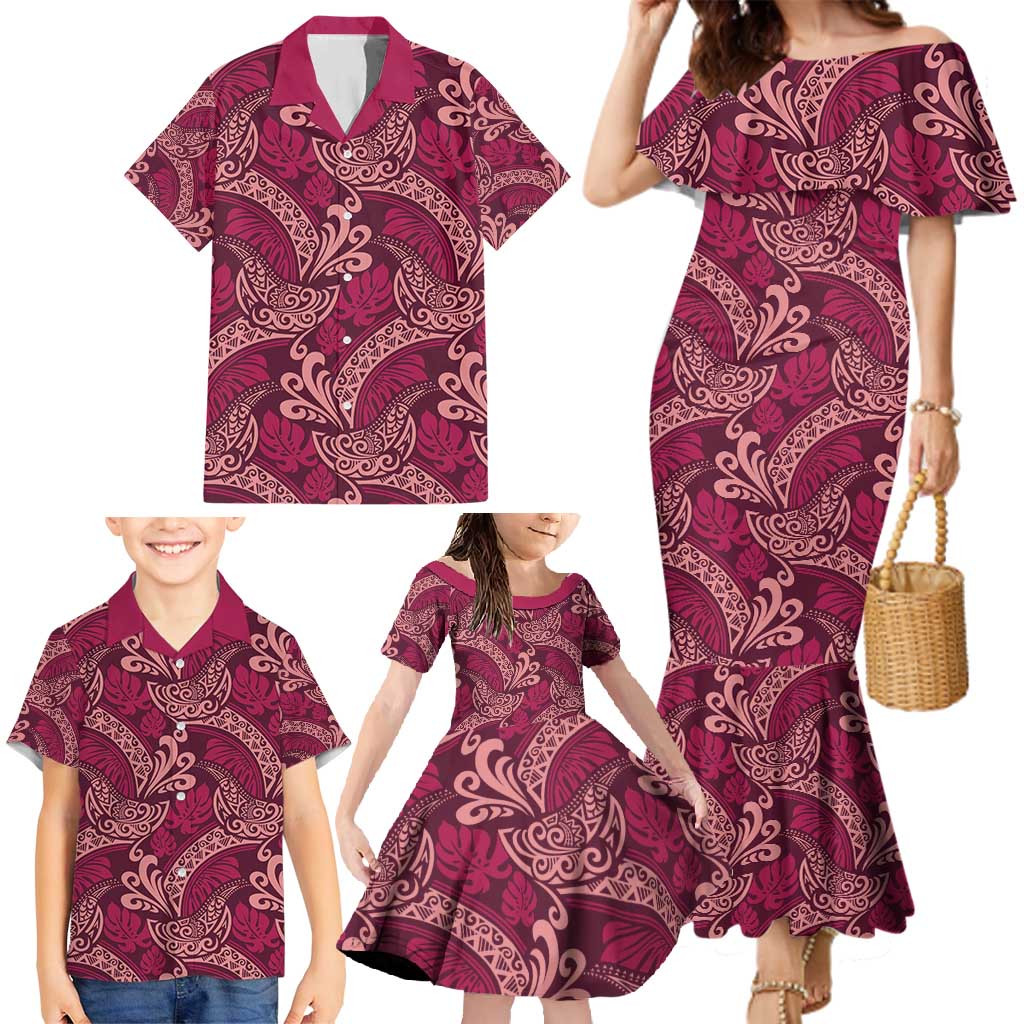 Sweet Pink Monstera Family Matching Mermaid Dress and Hawaiian Shirt Polynesian Tribal Pattern LT01 - Polynesian Pride