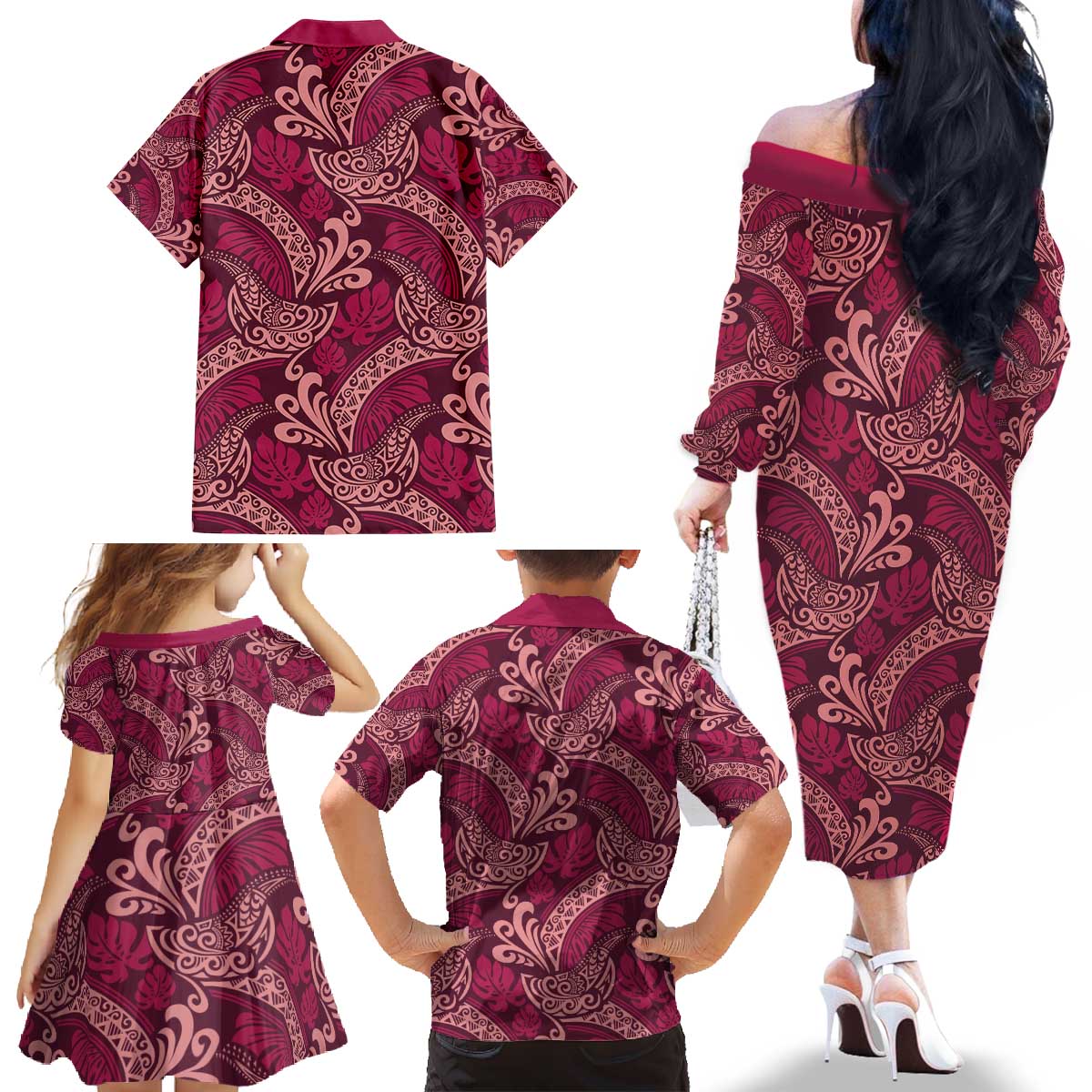 Sweet Pink Monstera Family Matching Off The Shoulder Long Sleeve Dress and Hawaiian Shirt Polynesian Tribal Pattern LT01 - Polynesian Pride