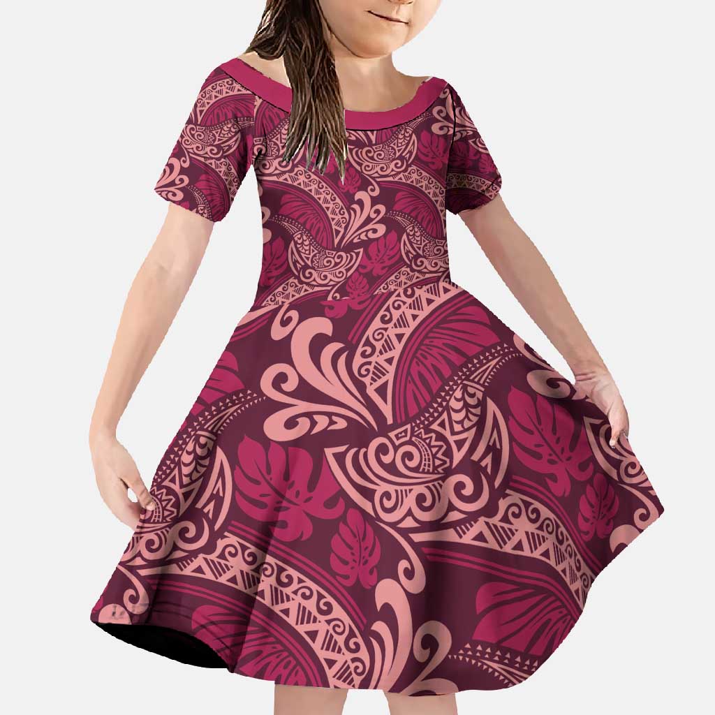 Sweet Pink Monstera Family Matching Off Shoulder Maxi Dress and Hawaiian Shirt Polynesian Tribal Pattern LT01 Daughter's Dress Pink - Polynesian Pride