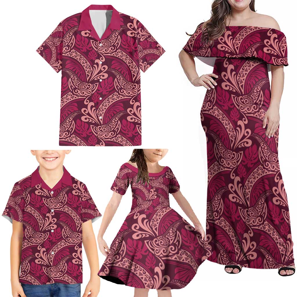 Sweet Pink Monstera Family Matching Off Shoulder Maxi Dress and Hawaiian Shirt Polynesian Tribal Pattern LT01 - Polynesian Pride