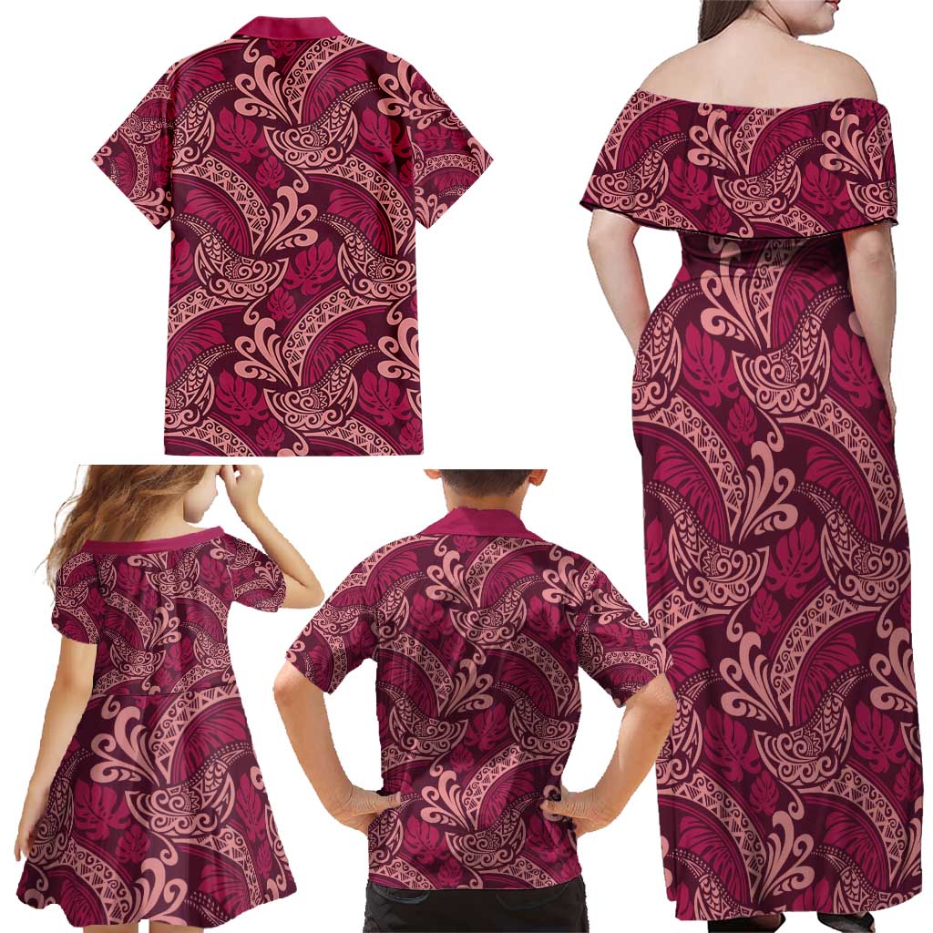 Sweet Pink Monstera Family Matching Off Shoulder Maxi Dress and Hawaiian Shirt Polynesian Tribal Pattern LT01 - Polynesian Pride