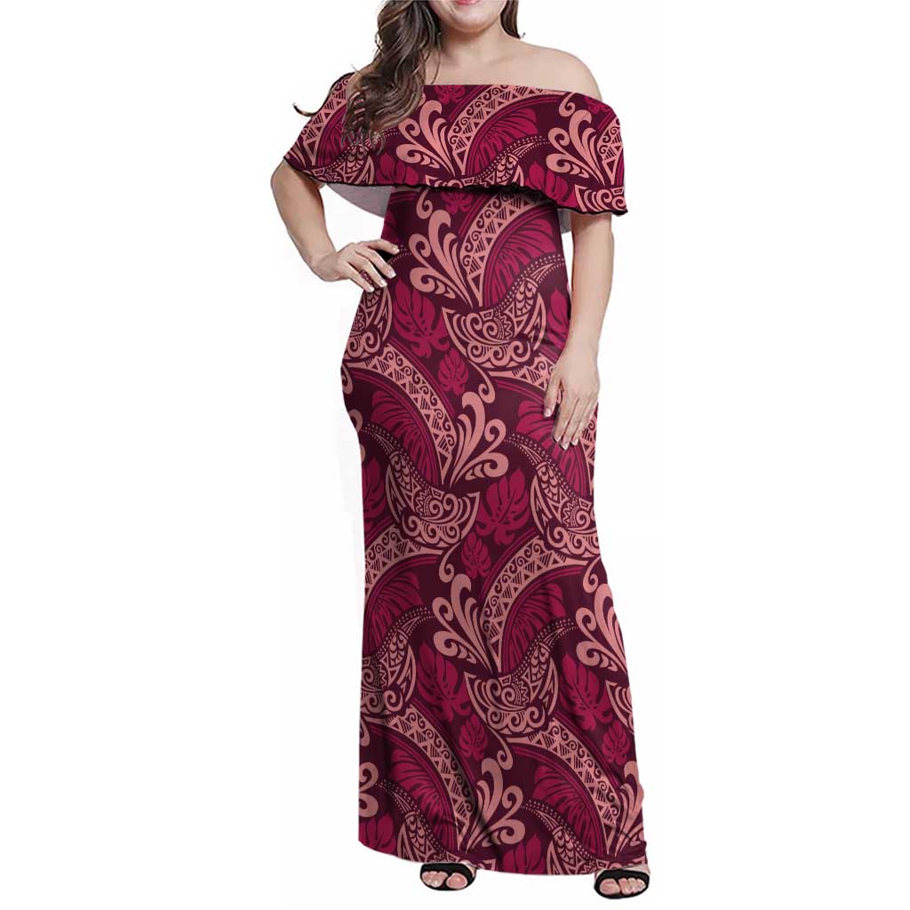 Sweet Pink Monstera Family Matching Off Shoulder Maxi Dress and Hawaiian Shirt Polynesian Tribal Pattern LT01 Mom's Dress Pink - Polynesian Pride