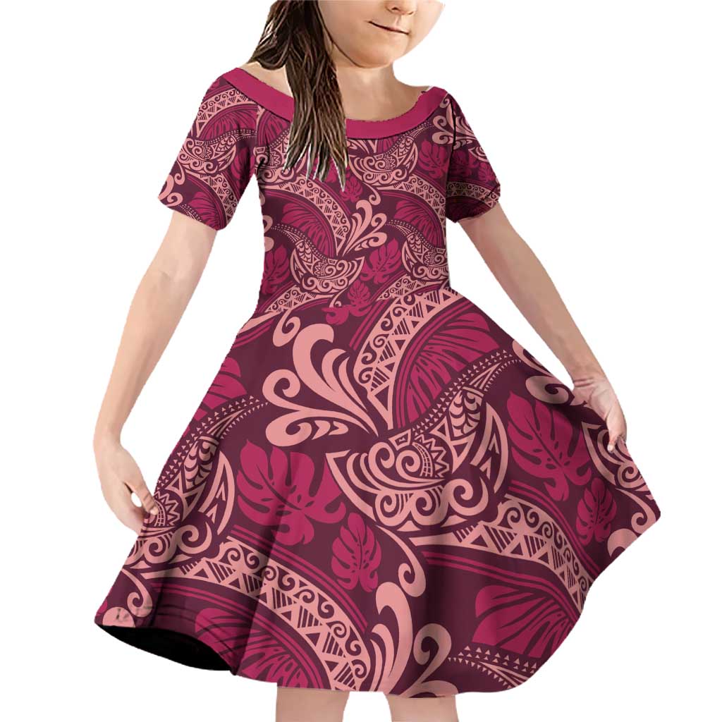 Sweet Pink Monstera Family Matching Off Shoulder Short Dress and Hawaiian Shirt Polynesian Tribal Pattern LT01 Daughter's Dress Pink - Polynesian Pride