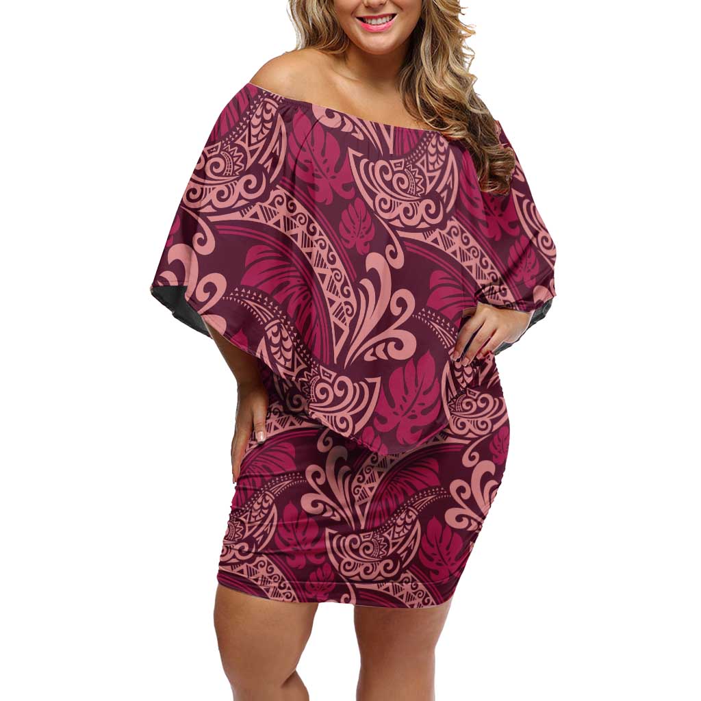 Sweet Pink Monstera Family Matching Off Shoulder Short Dress and Hawaiian Shirt Polynesian Tribal Pattern LT01 Mom's Dress Pink - Polynesian Pride
