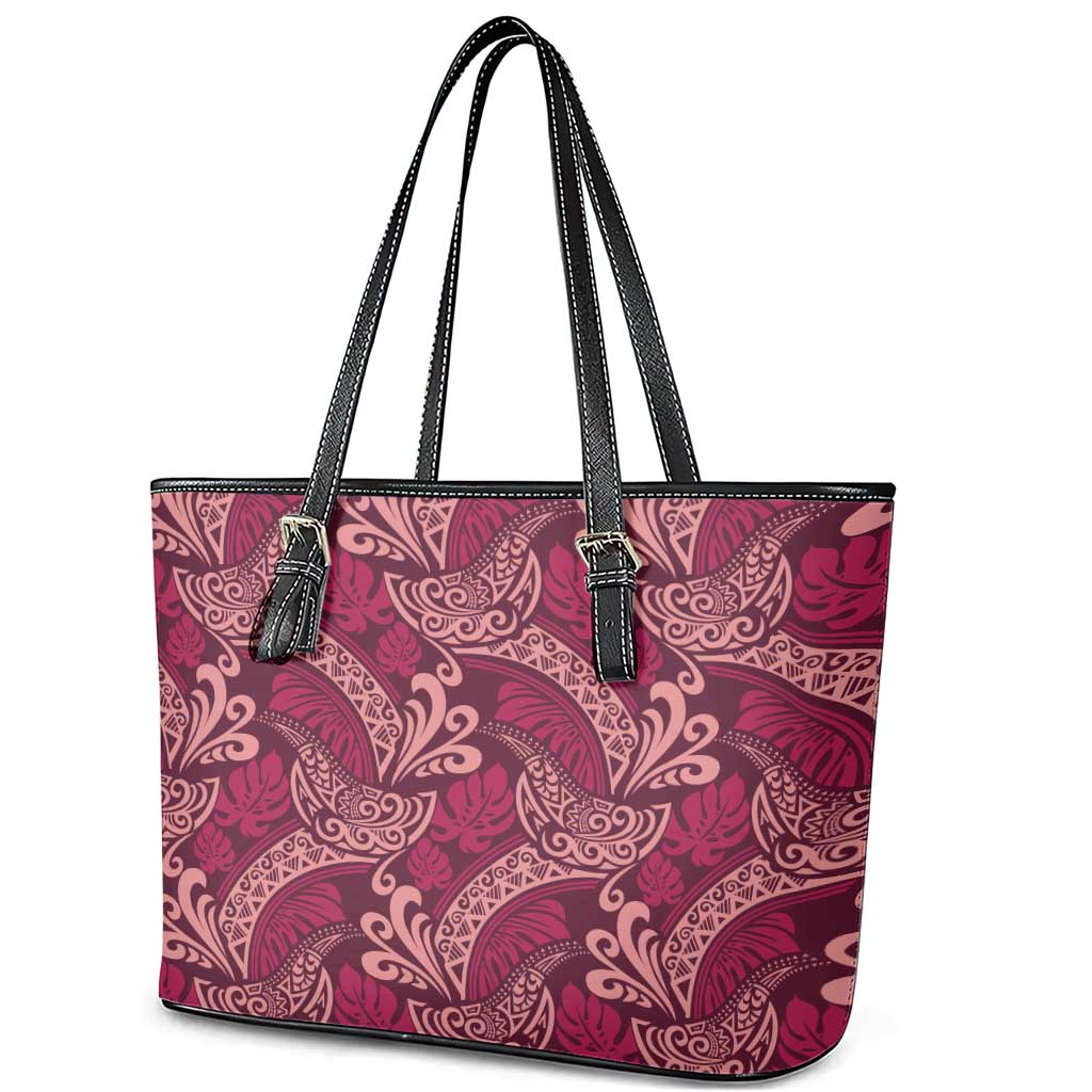 Sweet Pink Monstera Leather Tote Bag Polynesian Tribal Pattern - Polynesian Pride