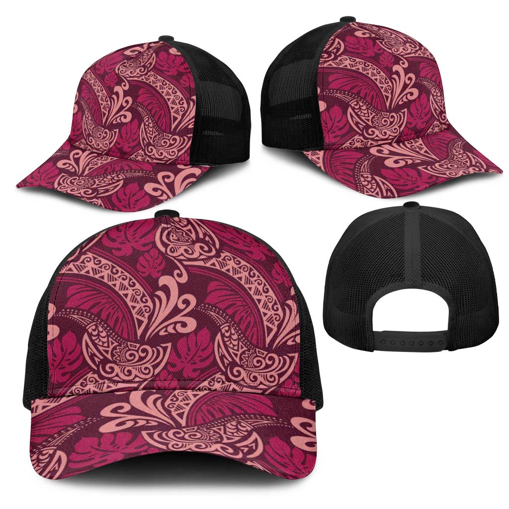 Sweet Pink Monstera Mesh Trucker Cap Polynesian Tribal Pattern - Polynesian Pride