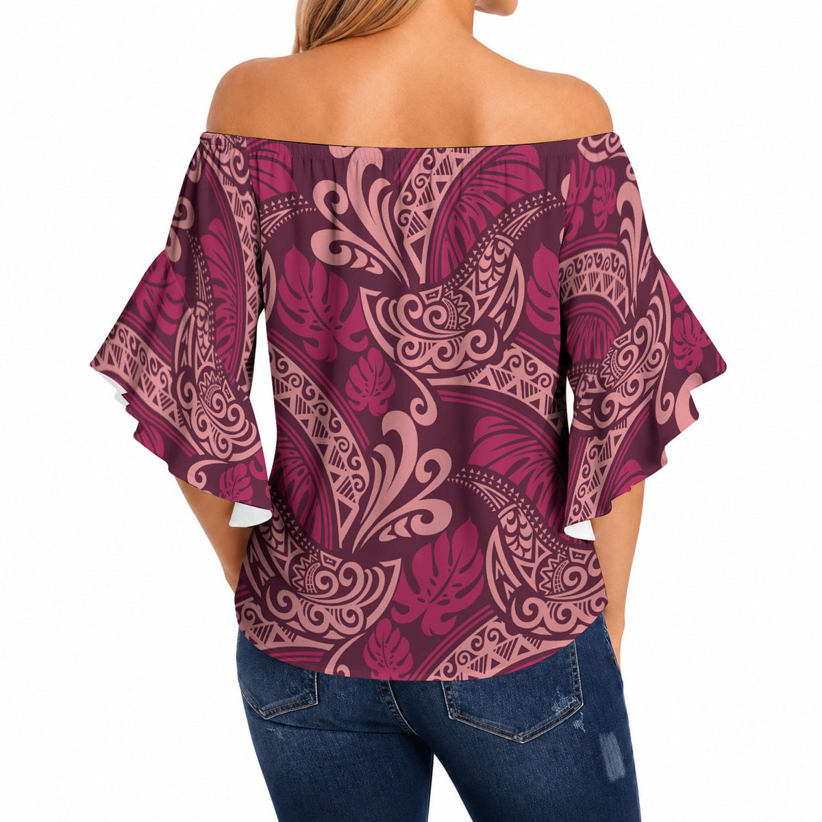 Sweet Pink Monstera Off Shoulder Wrap Waist Top Polynesian Tribal Pattern LT01 - Polynesian Pride