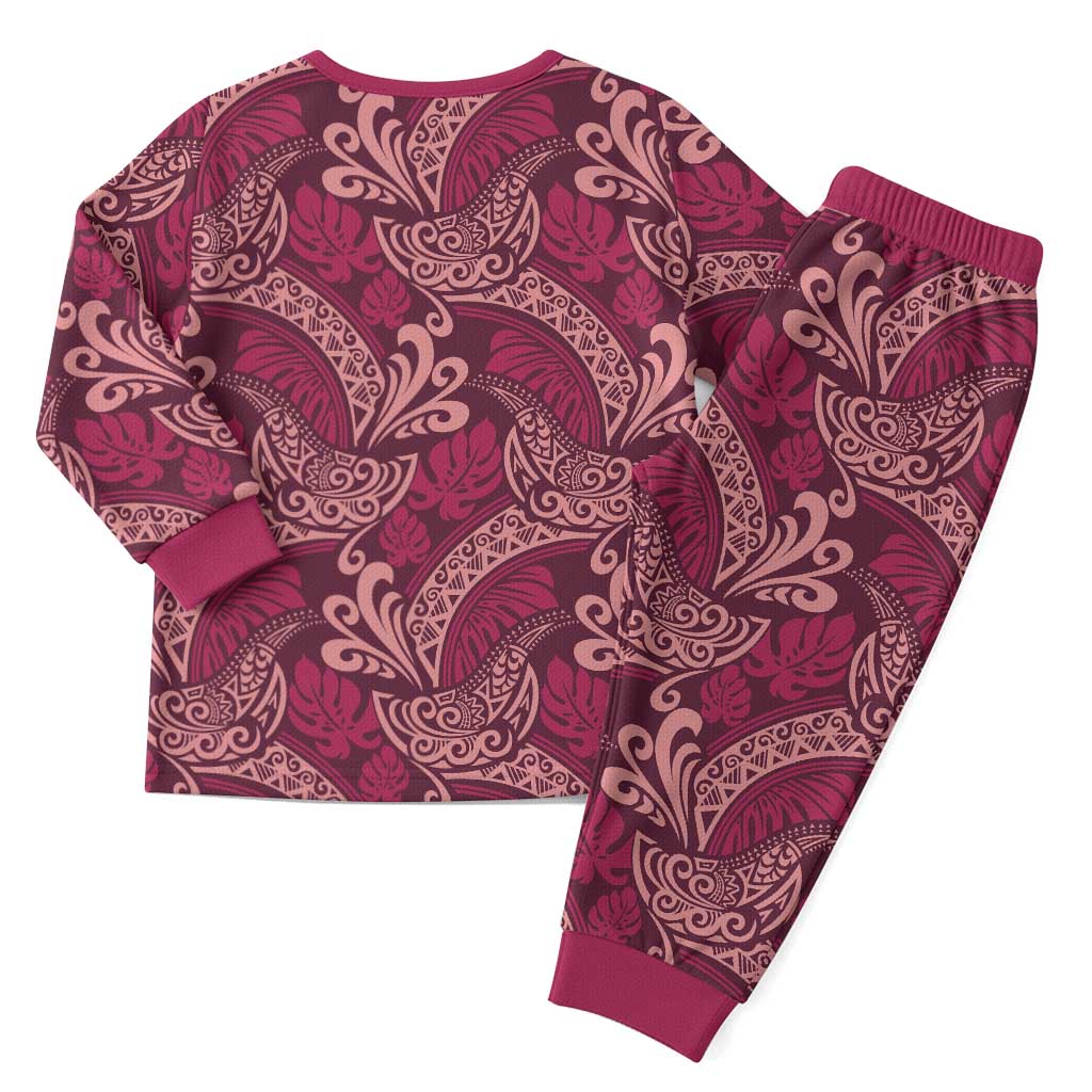 Sweet Pink Monstera Christmas Pajama Set Polynesian Tribal Pattern - Polynesian Pride
