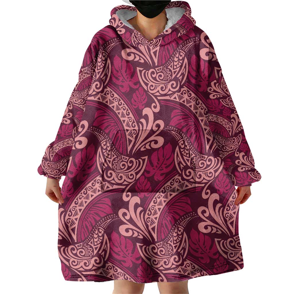 Sweet Pink Monstera Wearable Blanket Hoodie Polynesian Tribal Pattern LT01 - Polynesian Pride