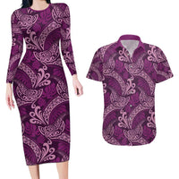 Royal Purple Monstera Couples Matching Long Sleeve Bodycon Dress and Hawaiian Shirt Polynesian Tribal Pattern LT01 Purple - Polynesian Pride