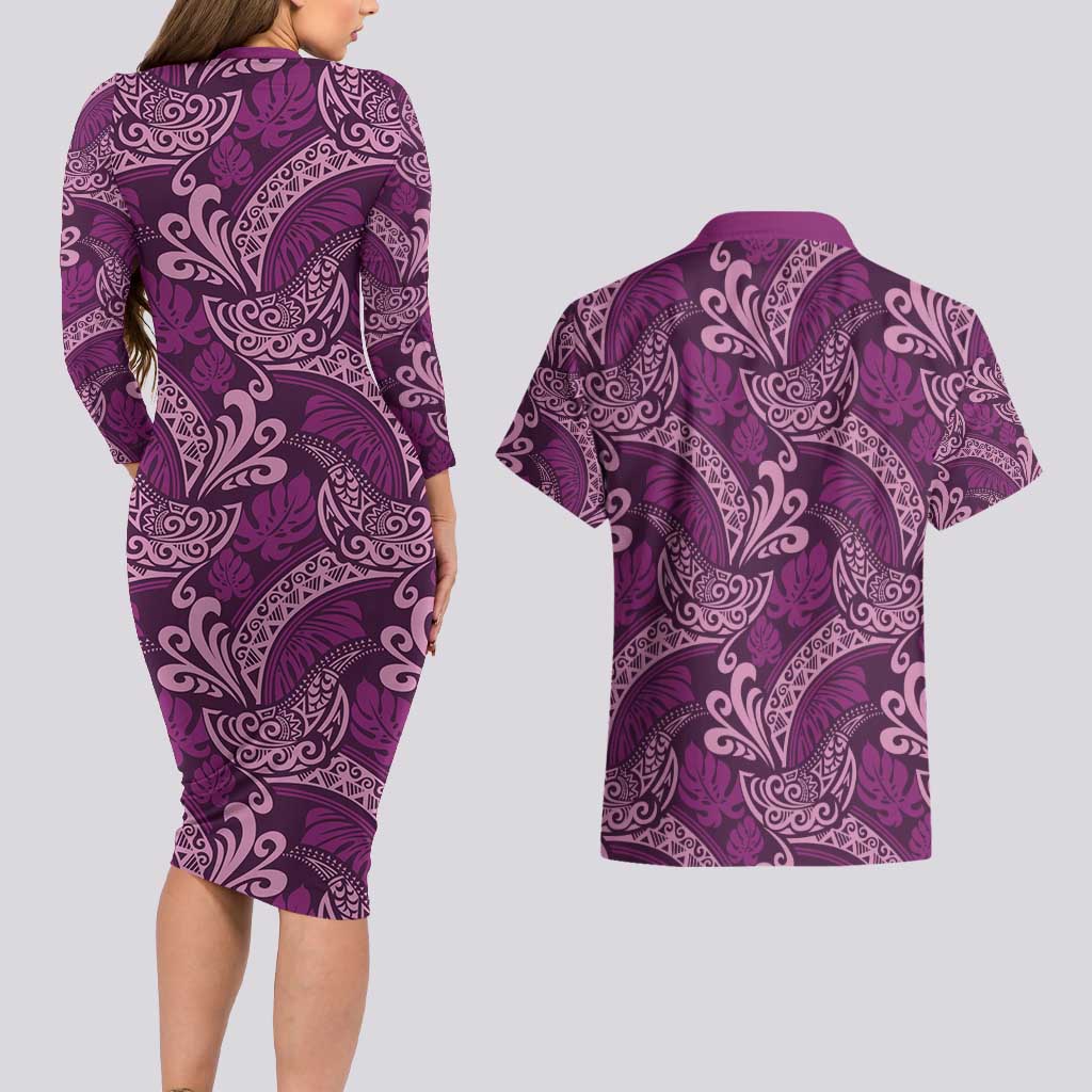 Royal Purple Monstera Couples Matching Long Sleeve Bodycon Dress and Hawaiian Shirt Polynesian Tribal Pattern LT01 - Polynesian Pride