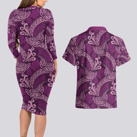 Royal Purple Monstera Couples Matching Long Sleeve Bodycon Dress and Hawaiian Shirt Polynesian Tribal Pattern LT01 - Polynesian Pride