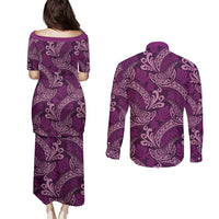 Royal Purple Monstera Couples Matching Puletasi and Long Sleeve Button Shirt Polynesian Tribal Pattern - Polynesian Pride