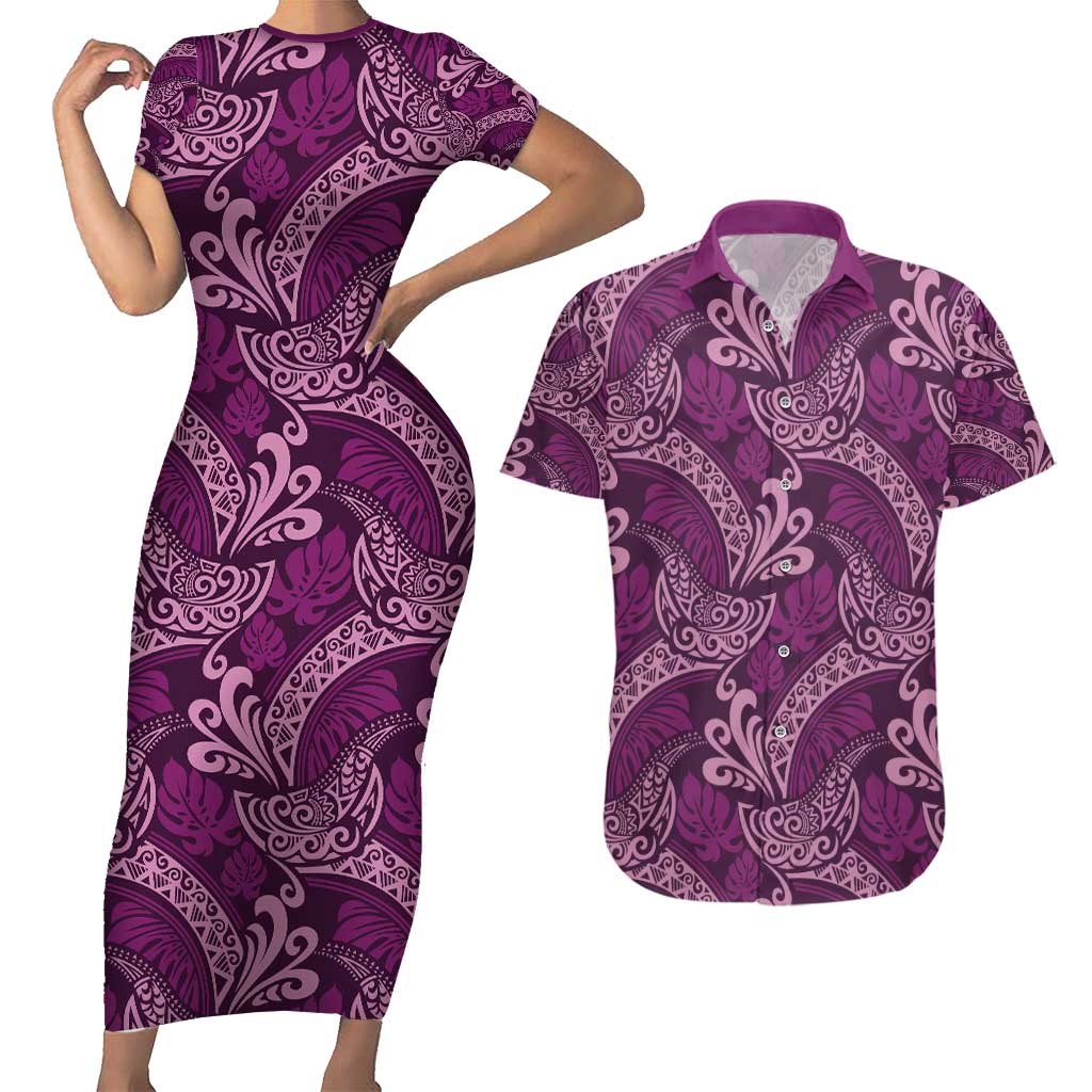 Royal Purple Monstera Couples Matching Set - Bodycon Dress and Hawaiian Shirt - Polynesian Tribal Pattern LT01 Purple - Polynesian Pride