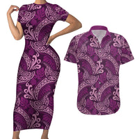 Royal Purple Monstera Couples Matching Set - Bodycon Dress and Hawaiian Shirt - Polynesian Tribal Pattern LT01 Purple - Polynesian Pride
