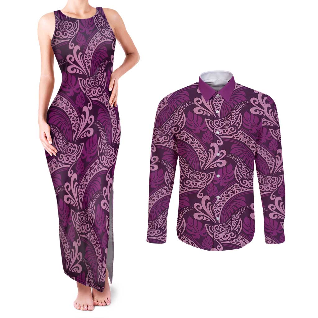 Royal Purple Monstera Couples Matching Tank Maxi Dress and Long Sleeve Button Shirt Polynesian Tribal Pattern LT01 Purple - Polynesian Pride