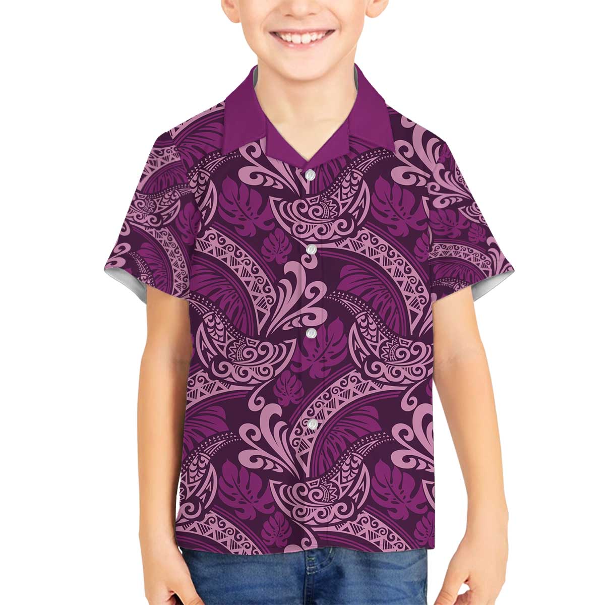 Royal Purple Monstera Family Matching Off The Shoulder Long Sleeve Dress and Hawaiian Shirt Polynesian Tribal Pattern LT01 Son's Shirt Purple - Polynesian Pride