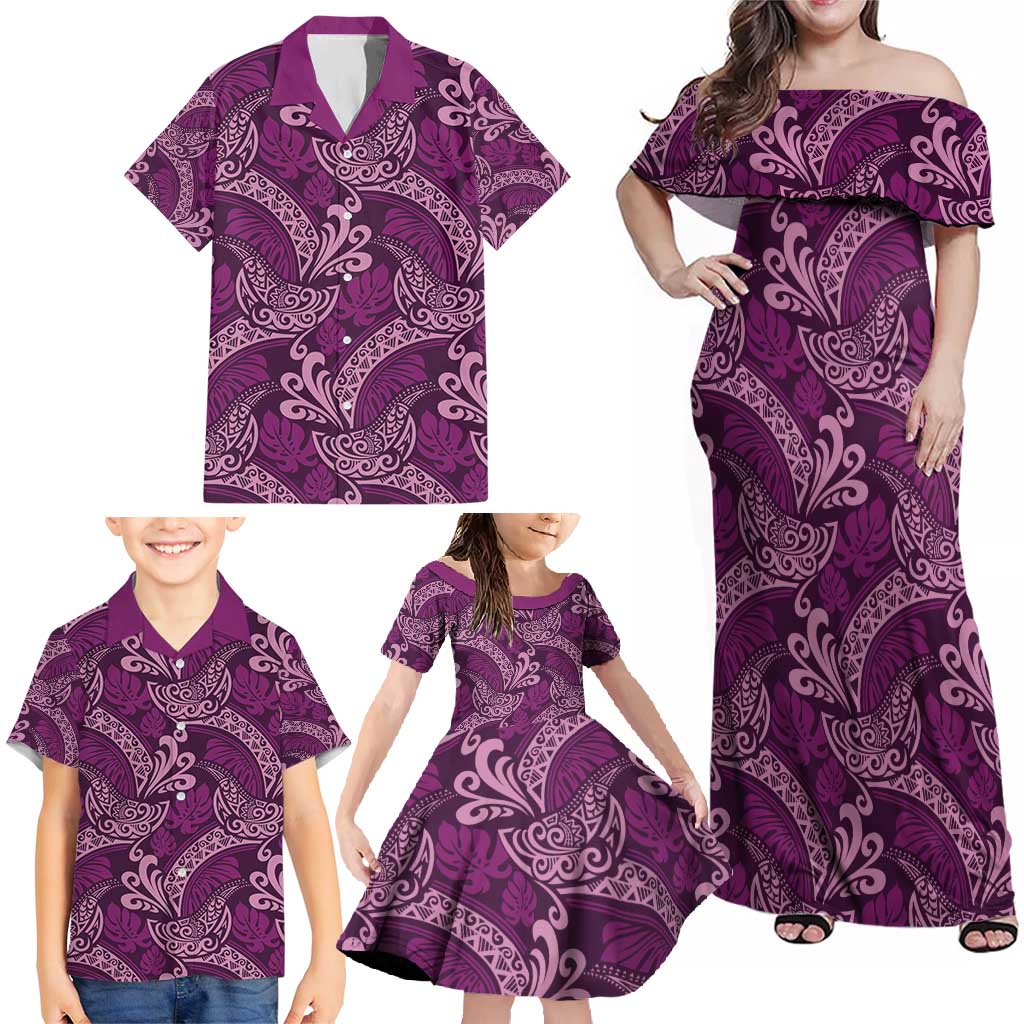 Royal Purple Monstera Family Matching Off Shoulder Maxi Dress and Hawaiian Shirt Polynesian Tribal Pattern LT01 - Polynesian Pride