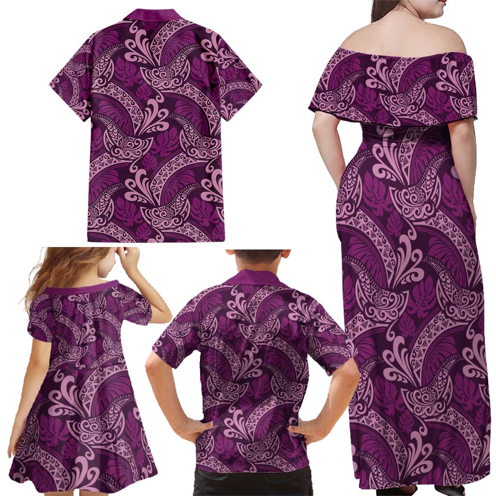 Royal Purple Monstera Family Matching Off Shoulder Maxi Dress and Hawaiian Shirt Polynesian Tribal Pattern LT01 - Polynesian Pride