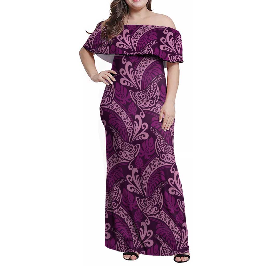 Royal Purple Monstera Family Matching Off Shoulder Maxi Dress and Hawaiian Shirt Polynesian Tribal Pattern LT01 Mom's Dress Purple - Polynesian Pride