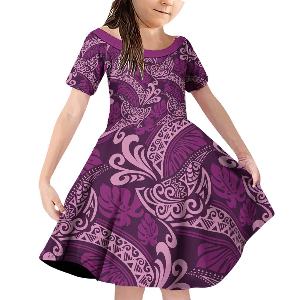 Royal Purple Monstera Family Matching Off Shoulder Short Dress and Hawaiian Shirt Polynesian Tribal Pattern LT01 Daughter's Dress Purple - Polynesian Pride
