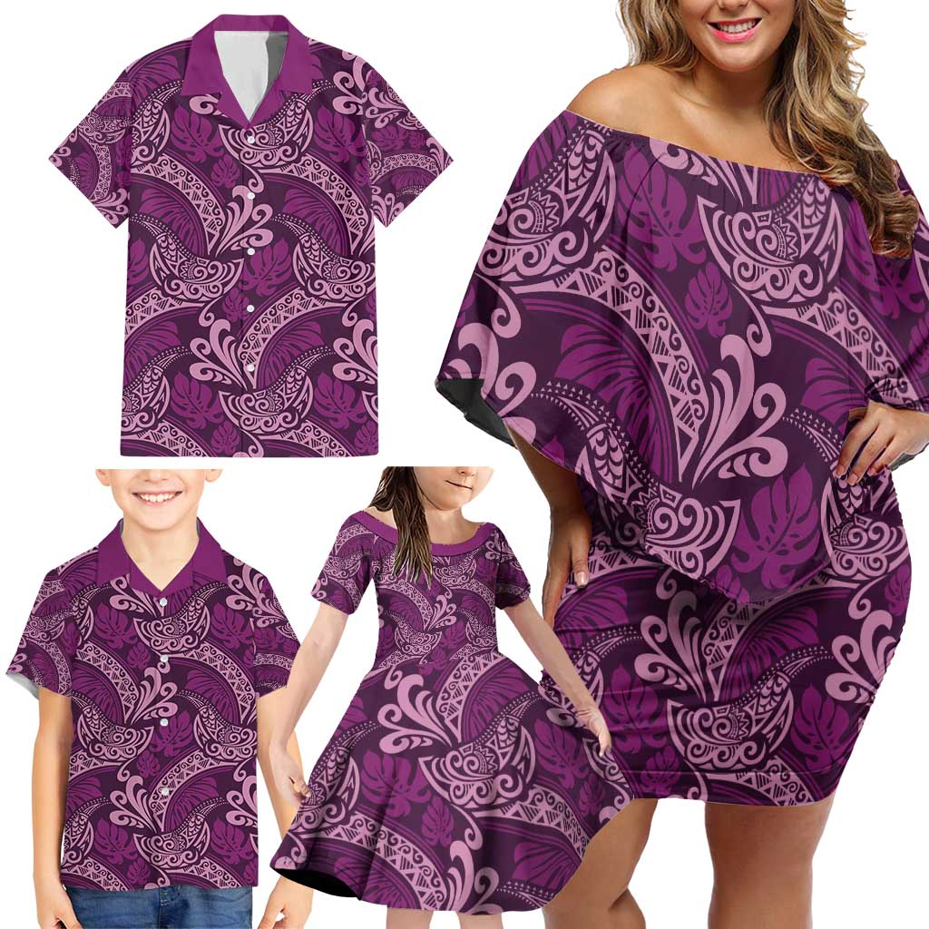 Royal Purple Monstera Family Matching Off Shoulder Short Dress and Hawaiian Shirt Polynesian Tribal Pattern LT01 - Polynesian Pride