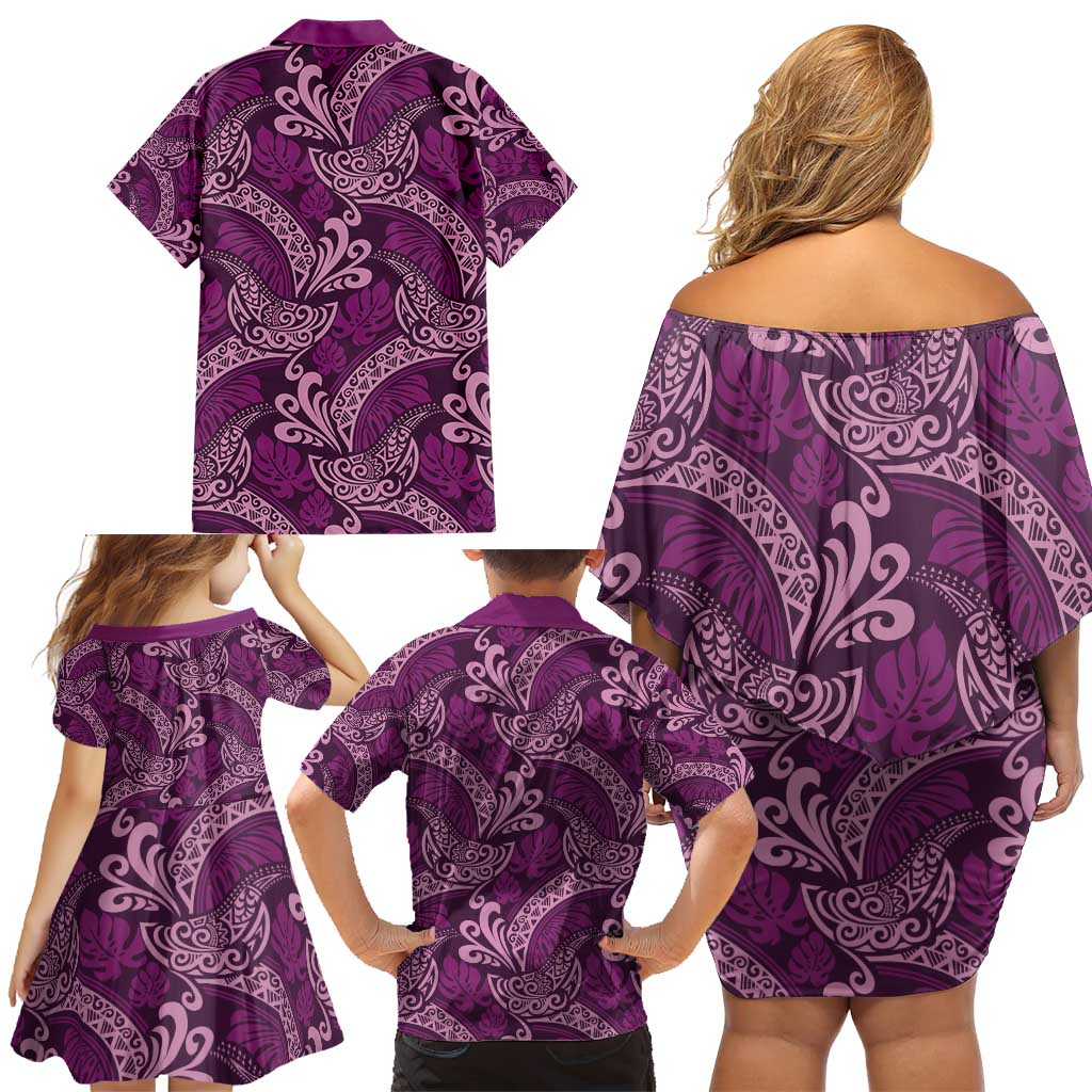 Royal Purple Monstera Family Matching Off Shoulder Short Dress and Hawaiian Shirt Polynesian Tribal Pattern LT01 - Polynesian Pride