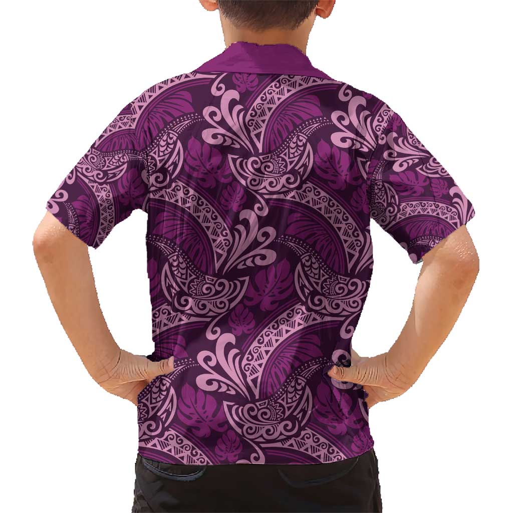 Royal Purple Monstera Family Matching Short Sleeve Bodycon Dress and Hawaiian Shirt Polynesian Tribal Pattern LT01 - Polynesian Pride