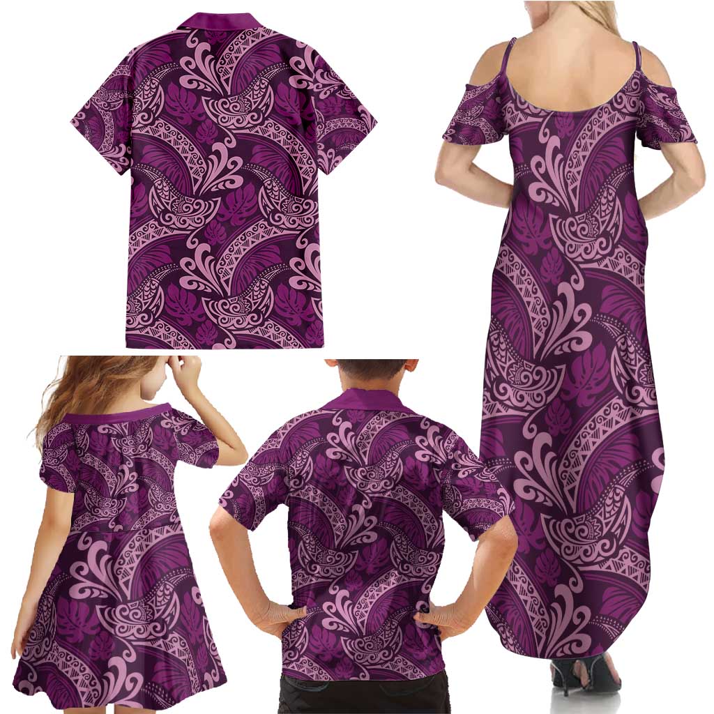 Royal Purple Monstera Family Matching Summer Maxi Dress and Hawaiian Shirt Polynesian Tribal Pattern LT01 - Polynesian Pride