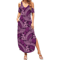 Royal Purple Monstera Family Matching Summer Maxi Dress and Hawaiian Shirt Polynesian Tribal Pattern LT01 Mom's Dress Purple - Polynesian Pride