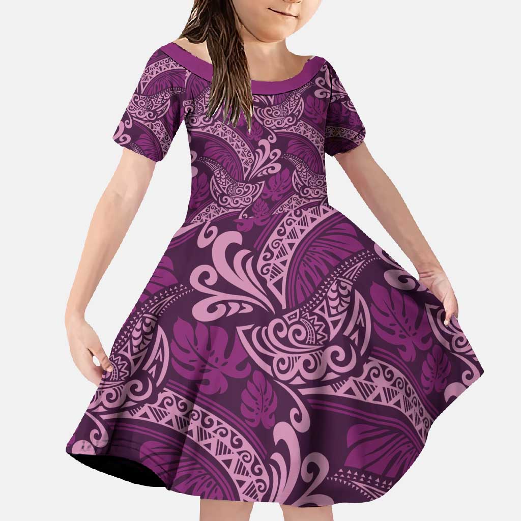 Royal Purple Monstera Family Matching Tank Maxi Dress and Hawaiian Shirt Polynesian Tribal Pattern LT01 Daughter's Dress Purple - Polynesian Pride