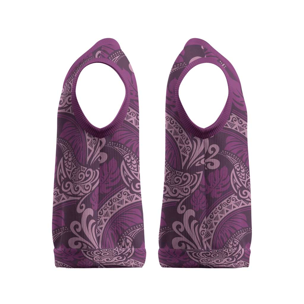 Royal Purple Monstera Christmas Knitted V-Neck Vest Polynesian Tribal Pattern - Polynesian Pride