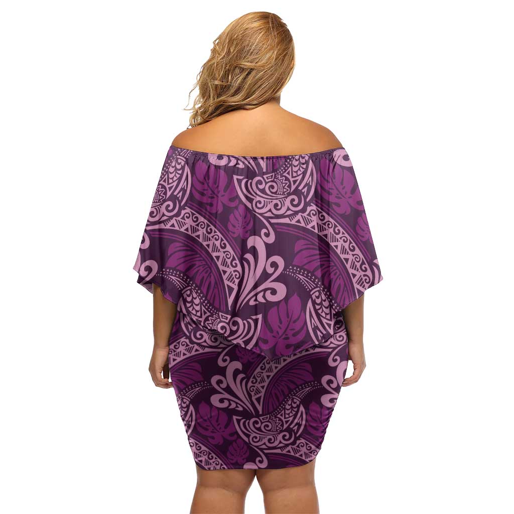 Royal Purple Monstera Off Shoulder Short Dress Polynesian Tribal Pattern LT01 - Polynesian Pride