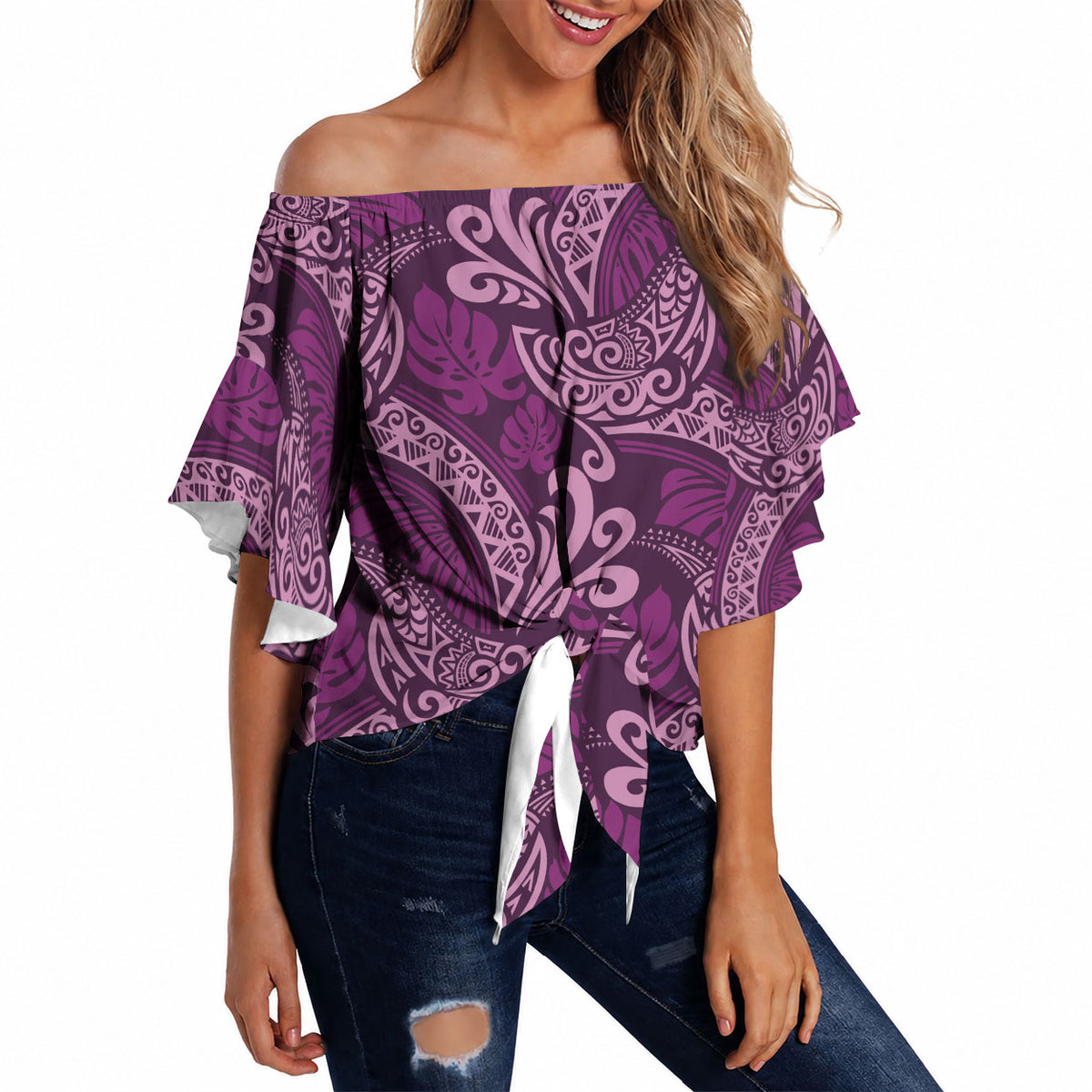 Royal Purple Monstera Off Shoulder Wrap Waist Top Polynesian Tribal Pattern LT01 - Polynesian Pride