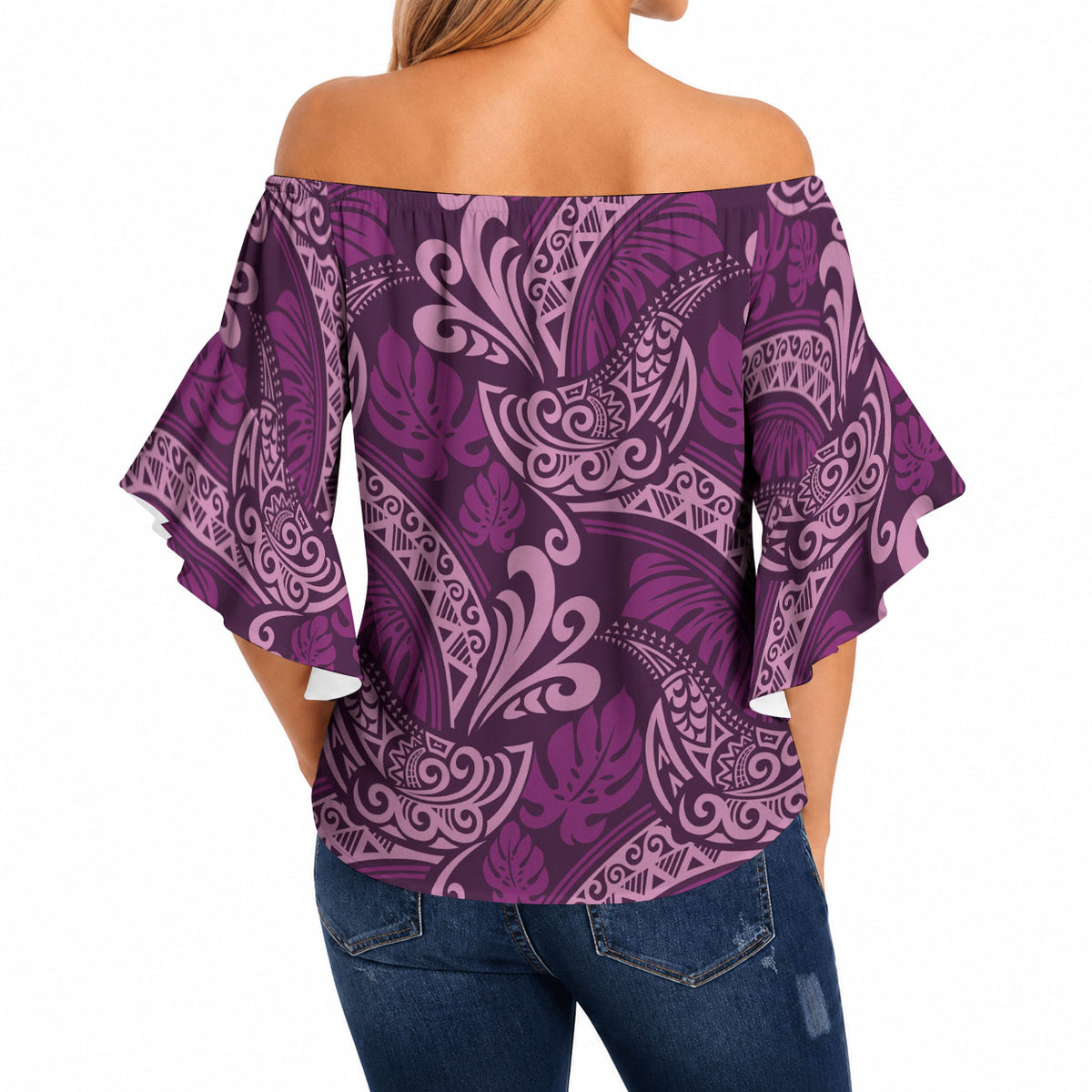 Royal Purple Monstera Off Shoulder Wrap Waist Top Polynesian Tribal Pattern LT01 - Polynesian Pride